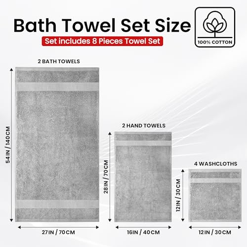 Infinitee Xclusives 100% Cotton Bath Towel Set – 8 Piece Bathroom Towel Set - color: Charming Grey, size: Towel set - 8 Pack