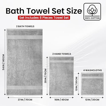 Infinitee Xclusives 100% Cotton Bath Towel Set – 8 Piece Bathroom Towel Set - color: Charming Grey, size: Towel set - 8 Pack