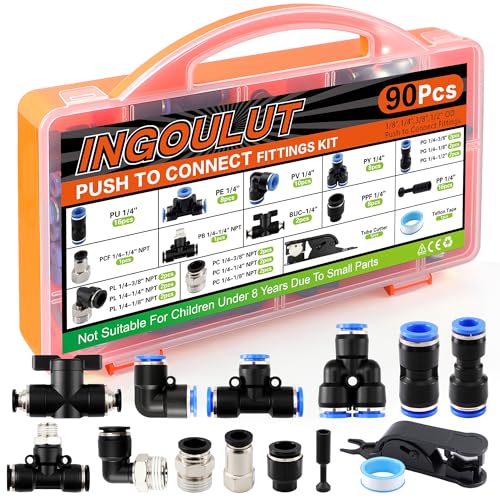 Push to Connect Fitting 90 PCS Air Hose Fitting Assortment Kit OD 1/4" Tube to 1/4" 1/2" 3/8" 1/8" Male Female NPT Thread, Air Line Fittings Quick Connect/Quick Release Fitting - size: 90pcs kit