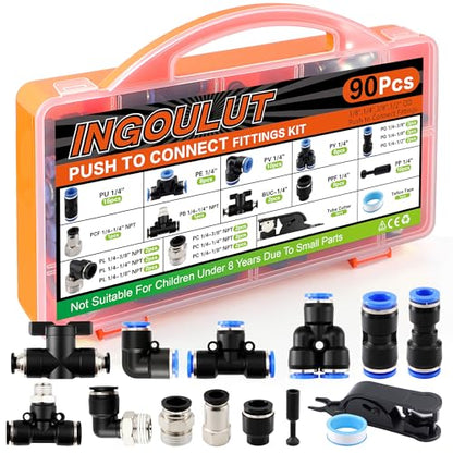 Push to Connect Fitting 90 PCS Air Hose Fitting Assortment Kit OD 1/4" Tube to 1/4" 1/2" 3/8" 1/8" Male Female NPT Thread, Air Line Fittings Quick Connect/Quick Release Fitting - size: 90pcs kit