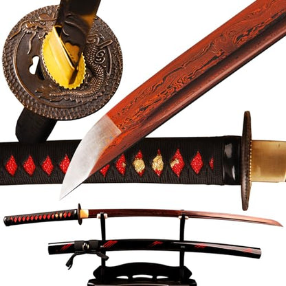 41 Inch Handmade Authentic Japanese Samurai Katana Sword Full Tang Red Damascus Steel Collectible Men's Fine Gifts