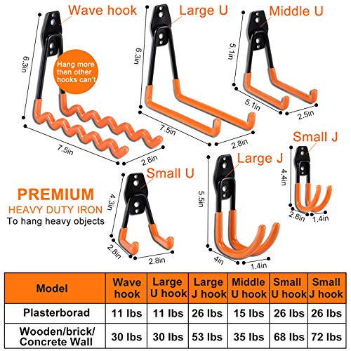 AOBEN 24PCS Garage Hooks, Heavy Duty Double Garage Hanger Organizer Wall Mount Iron Anti-Slip Garage Storage Hooks for Ladder, Power Tool,Bike,Ropes（23 Hooks & 1 hoder Strap-Orange - size: 24PCS OR