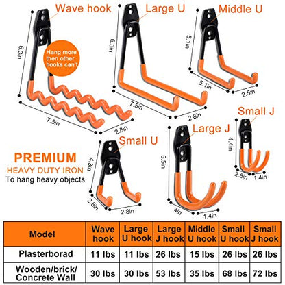 AOBEN 24PCS Garage Hooks, Heavy Duty Double Garage Hanger Organizer Wall Mount Iron Anti-Slip Garage Storage Hooks for Ladder, Power Tool,Bike,Ropes（23 Hooks & 1 hoder Strap-Orange - size: 24PCS OR