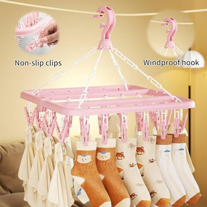 Laundry Drying Rack with 32 Clips, Foldable, Light Blue - color: Light Blue