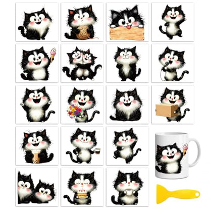 Peacoblue 18 Sheets Rub on Transfers for Crafts, Cute Black and White Cat 3.6"x3.9" UV DTF Cup Wraps Waterproof Rub on Cold Transfers Stickers for Wood Glass Metal Cup Tumblers Mirrors Mugs Decor - style: Cute Black and White Cat