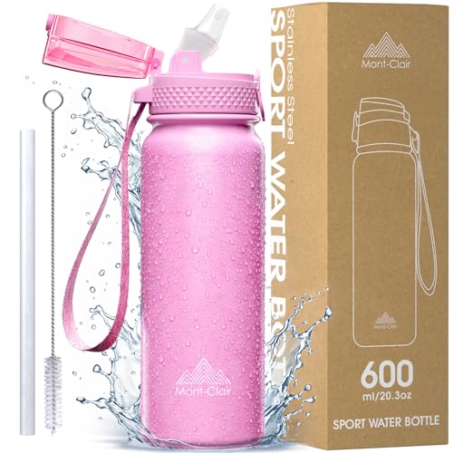 Stainless Steel Water Bottle 20oz with Straw, Insulated, Leakproof Lid - color: Pink