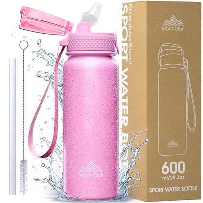 Stainless Steel Water Bottle 20oz with Straw, Insulated, Leakproof Lid - color: Pink