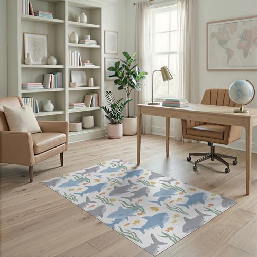 4'x6' Washable Kawaii Shark Accent Rug, Grey Non-Shedding Small Carpet for Playroom, Bedroom, Reading Nook, Pet Friendly & Kids Safe Play Mat | Ref:2067797 - color: Blue/Pattern 24, size: 4' x 6' (Rectangular)
