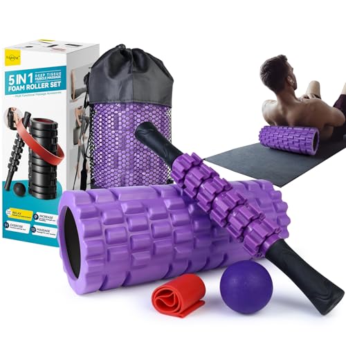 Krightlink 5 in 1 Foam Roller Set High Density Deep Tissue Massager | Trigger Point Massage Roller for Muscle Massage, Massage Ball, Resistance Band for Whole Body Physical Therapy Purple - color: Violet