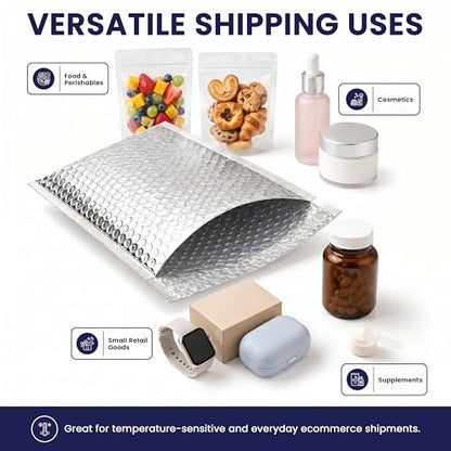 100-Pack Insulated Silver Thermal Bubble Mailers 12 x 17 - Waterproof Metallic Foil Self-Sealing Padded Envelopes for Cold Shipping, Perishables, Food, Cosmetics, Pharmaceuticals - size: 12 x17 | 100 Qty