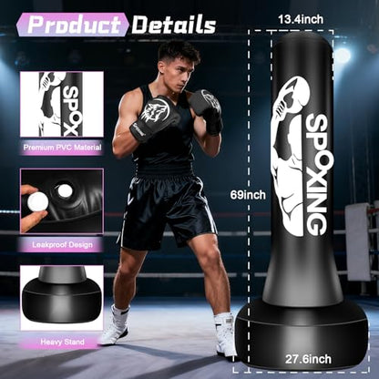 Punching Bag for Adults Teens, 70" Heavy Duty Boxing Bag with Stand | Kickboxing and MMA Muay Thai Training Equipment for Men and Women Beginners - color: Black Red Alphabet Pattern