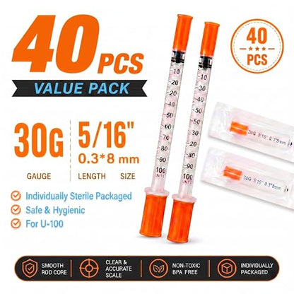 Pack of 40 1ml 30G x 5/16 Inch (0.3mm x 8mm) , U-100 Lab Tools, Individual Wrapped - color: 40PCS-30G5/16