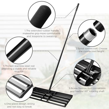 Lawn Leveling Rake 30''x10'' , Lawn Leveler Tool with 78'' Stainless Steel Handle Rakes, for Backyard, Garden, Golf Course, Farm, Pasture, Lawns Heavy Duty Landscape Rake