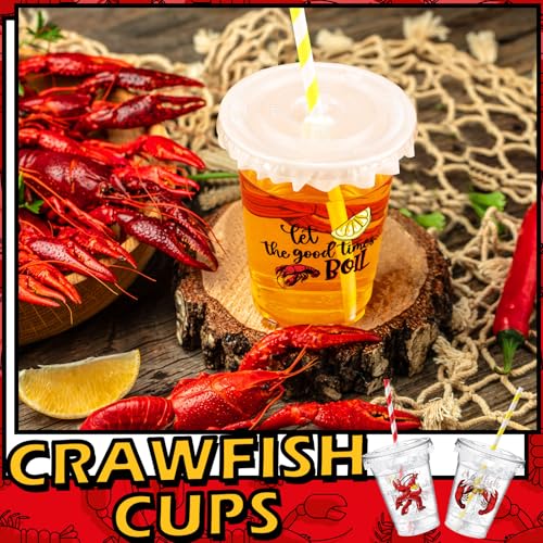 Domensi 50 Pack 12oz Crawfish Boil Plastic Cups with Straws, Disposable Seafood Party Supplies for Lobster Feast, Cajun Style Birthday Table Decorations, Bulk Low Country Picnic Drinkware Favors
