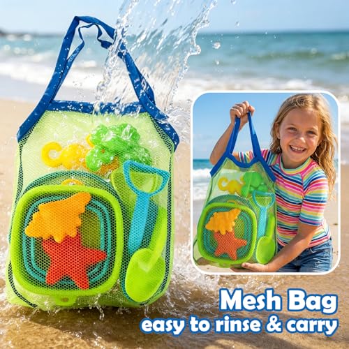 VGY Space-Saving Beach Toys for Kids,2 Collapsible Sand Buckets with Shovels,Rakes,Molds & Mesh Beach Bag,Portable Travel Sandbox Toys for Toddlers Ages 3-10