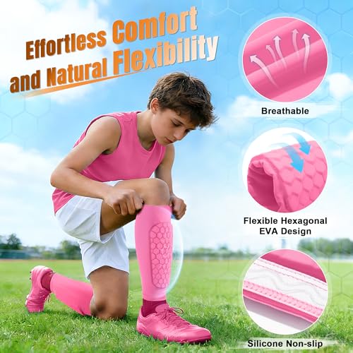 2 Pack Soccer Shin Guards Shin Defender for Kids Youth,XZQTIVE Soccer Shin Pads Shin Guard Sleeve with Honeycomb Padding,High Impact Resistant Compression - color: Light Pink, size: X-Large