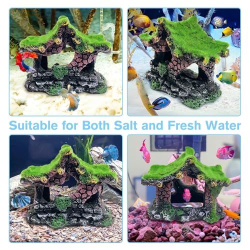 Resin Hollow Hideout House for Aquarium Decoration Fish Tank Accessories Betta Cave with Lifelike Moss for Shrimp Fish Shelter - style: Pavilion