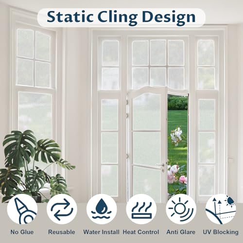 Amrules Frosted Window Privacy Film Non-Adhesive Sun Blocking Reusable and Removable Glass Film Door Coverings for Bathroom, Home, Office, 17.5 x 78.7 Inch
