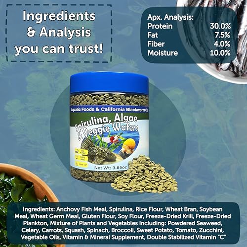 3.5mm - 1/8" Micro Sinking Wafers of Spirulina, Algae & Veggies for Bottom Fish, Plecos, Shrimp, Snails, All Tropical Fish, 4-Type Wafer & 12-Type Pellet Mix Included..5oz Canister