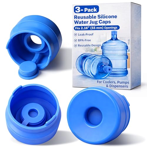 5 Gallon Water Jug Cap, 3 Pack Reusable Silicone Caps, Fits Most 2–5 Gallon Water Bottles with 2.16" (55mm) Opening, Helps Reduce Spills for Refill Transport, Water Coolers & Bottle Pumps