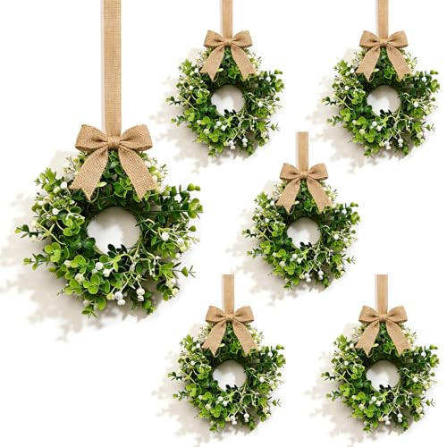 6 Pcs Small Spring Summer Hanging Wreaths for Cabinets Artificial Greenery Eucalyptus White Berry Mini Candle Ring Wreath with Foliage for Home Kitchen Front Door Window Porch Wall Wedding Decor - color: White Fruit