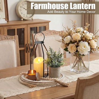 Novabright 6 Pcs Simple Lines Farmhouse Lantern Decor Set Candle Lanterns Decorative Indoor with Wooden Tray Bead Aromatherapy Candle Faux Plant Rustic Decor for Living Room Mantel Housewarming Gift - style: Simple Lines