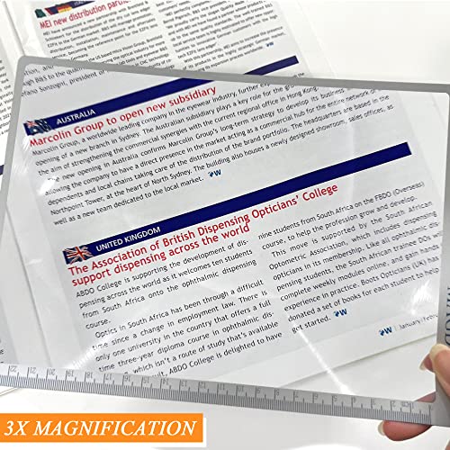 MAGDEPO 3X Page Magnifying Lens 8.6" x 6" Flexible Plastic Measuring Full Fresnel Sheet Ultra-Thin for Reading Book, The Bible, Map, Newspaper, Science, Hobbies with Card Size Magnifier