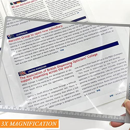 MAGDEPO 3X Page Magnifying Lens 8.6" x 6" Flexible Plastic Measuring Full Fresnel Sheet Ultra-Thin for Reading Book, The Bible, Map, Newspaper, Science, Hobbies with Card Size Magnifier