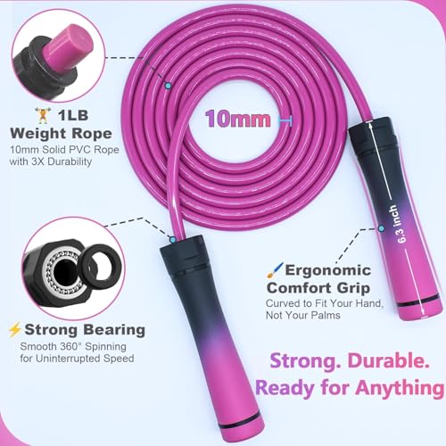 Weighted Jump Rope, 1LB Tangle-Free Ball Bearing Rapid Speed Skipping Rope for Men Women, Adjustable 9mm Cotton & PVC Rope with Alum Handle for Boxing MMA Weight-Loss Athletic Workout Fitness - color: Gradient Pink & Pink