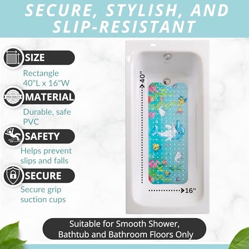 Bath Mat Long 40x16 – Non-Slip Bathtub Mat with Secure Suction Cups & Drain Holes with Fun Dolphin Design - Bathroom Shower Mat for Tub for Kids and Toddlers (Bath Dolphin) - color: Dolphin Print