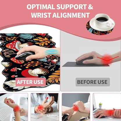 Large Gaming Mouse Pad, Keyboard Wrist Rest Pad & Wrist Support Mousepad Set, Stitched Edge, Extended, Non-Slip Base, Memory Foam Desk Mat for Office, Home,Cute Mushrooms - color: Cute Mushrooms