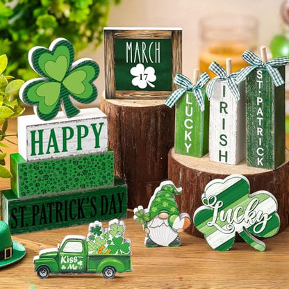 11 Pcs St. Patrick's Day Table Decorations Shamrocks Tiered Tray Home Decor Irish Centerpiece Decorative Wood Books Table Top Decor Clover Wooden Sign for Party Supplies - style: Shamrocks
