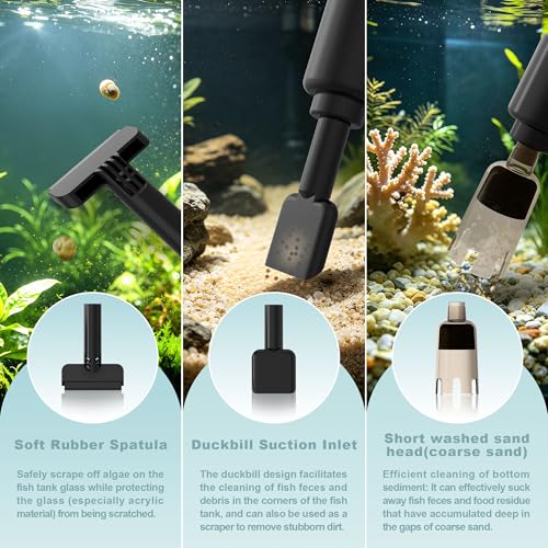 10-100 Gallon Fish Tank Vacuum Gravel Cleaner Electric: Aquarium Vacuum Gravel Cleaner with Adjustable Flow Sock Filter and Water Circulation，DC24V Strong Suction Quiet Pump for Fresh Salt Turtle Tank | One handed sand washing | Internal circulation filtr