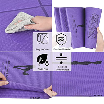 Foldable Yoga Mat for Women, Non Slip Exercise Mat for Home Gym, 5mm Travel Yoga Mats Set With Stretch Strap for Yoga Pilates and Fitness, 68"L x 24"W x 0.2 Inch Thick - color: Purple