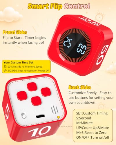 Digital Pomodoro Timer Cube 5/10/25/50min Preset, Silent & Sound Alarm - color: Red