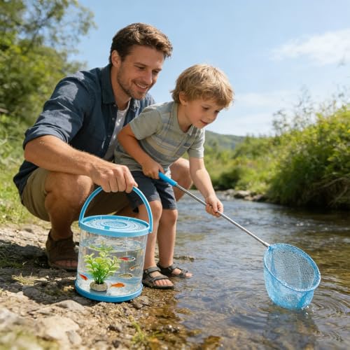 2 Sets Catch Plastic Beach Aquarium Kit, Release Aquarium Box for Beach with Retractable Net Bag and Transparent Portable Handheld（Round）