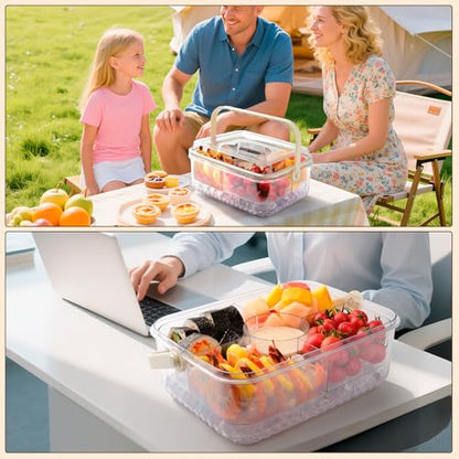 Fruit Ice Divided Serving Tray with Lid, Ice Underneath and Handle, Chilled Serving Platter for Parties, Shrimp Cocktail Serving Dish, Chilled Veggie Tray for Keep Food Cold Outside Party
