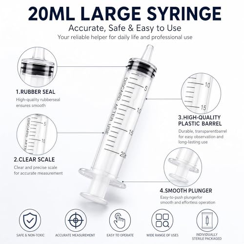 10 Pack 20ml Syringe for Liquid - Large Plastic Syringes Without Needle for Food Thick Liquids and Irrigation Water, Lip Gloss Filling,Measuring ( 10 Pack 20 ml / cc )