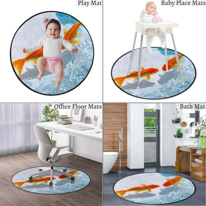 Aquarium Round Office & Gaming Chair Mat for Hardwood Floors, Golden Carp Non-Slip Protector for Rolling Chairs,Protect The Floor from Scratches, Orange Gold White Diameter 35.4 in