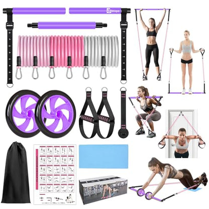 BBTOPS Pilates Bar Kit with Resistance Bands,Ab Roller,2 in 1 Foot Strap & Handle,Door Anchor Pilates Equipment with Resistance Bands, Portable Home Gym Yoga Fitness Bar for Women & Men