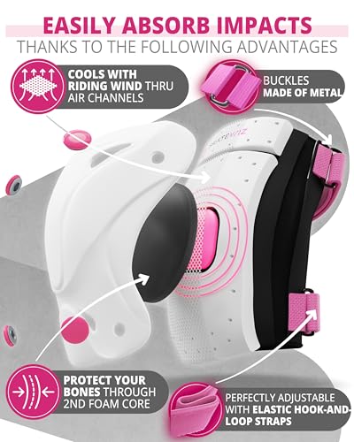 SKATEWIZ Kids and Adult Knee Pads and Elbow Pads Set 6pcs - incl. Carry Bag - color: Pink-White, size: L - Teens and Adults