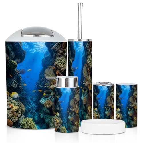 Bathroom Accessory Set 6PCS Sentosa Aquarium Trash Can, Soap Dispenser, Toothbrush Holder, Toothbrush Cup, Toilet Brush Holder, Soap Dish for Gift