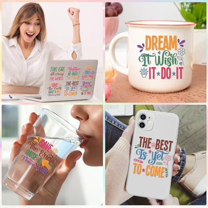 Inspirational UV DTF Stickers - 20 Sheets Motivational Quotes UV DTF Cup Wraps for 16 oz Glass, Colorful Flower Rainbow Rub on Transfer Stickers, Uvdtf Decals for Water Bottle DIY Crafts - style: Motivational Quotes