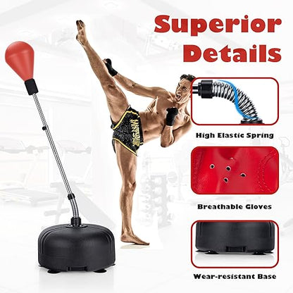 Goplus Punching Bag with Stand for Adults, Freestanding Reflex Speed Bags with 55’’-62.5’’ Adjustable Height, Boxing Equipment with Gloves for Home Gym Workout MMA Training, Fitness - color: Red+Black