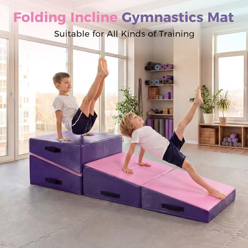 Gymnastics Cheese Mat, Incline Gymnastics Mat, Skill Shape Tumbling Backbend Trainer Exercise Mat, Foldable Design with High-Density Foam & Waterproof Cover, Cheese Mat for Gymnastics, Home Gym Exercise, Cheerleading & Martial Arts, Pink, 47.2"X23.6"X13.8