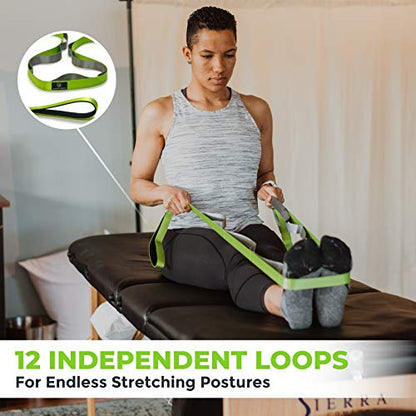 Stretching Strap for Physical Therapy, 12 Multi-Loop Stretch Strap 1" W x 8' L, Neoprene Handles, Physical Therapy Equipment, Yoga Straps for Stretching, Leg Stretcher. - color: Green/Grey