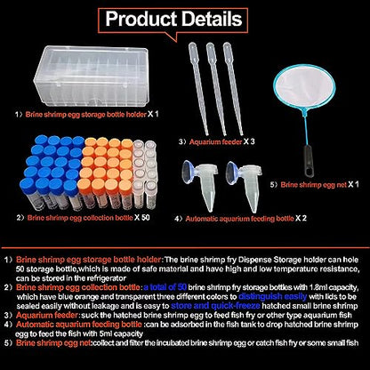 Brine Shrimp Egg Dispense Storage Kit with 50 Egg Collection Bottles, Holder, 3 Aquarium Feeders, 2 Automatic Feeding Bottles, Collecting Net