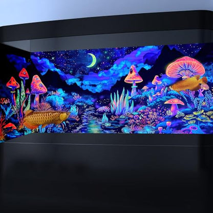 24X12IN Blacklight Mushroom Flower Black Light Aquarium Background, UV Fish Tank Background Moonlight Mountain Forest Landscape Terrarium Background with 10 EVA Double-Sided Tape