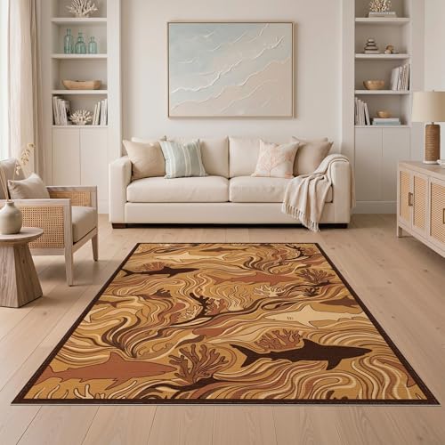 5'x7' Washable Modern Wave Area Rug, Brown Non-Shedding Pet Friendly Carpet for Small Living Room, Playroom, Bedroom, Easy Care Kids Safe Mat | Ref:2067563 - color: Beige/Pattern 25, size: 5' x 7' (Rectangular)