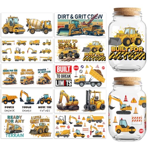 UV DTF Cup Wraps Transfer Stickers Construction Vehicles Pattern, 10 Sheets Waterproof Custom Vinyl Transfer Sticker 16oz Coffee Glass Cup Tumbler Bottle Mug Decals for Men Women - style: Construction Vehicles